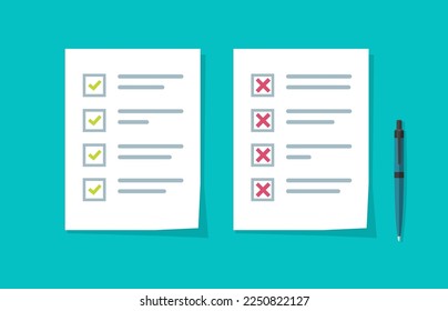 Dos and dont advice notice paper icon vector, pros and cons checklist concept, test exam results report good bad filed pass cross and check mars list, negative and positive comparison flat image