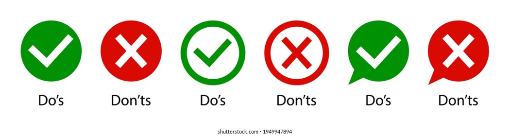 Dos and dont. Do and don. Icon of wrong and right. Tick or cross. Mark of check and correct. Ok, yes-green. X, false-red. Sign of good or bad. List of icon for approved, reject. Logo of quiz. Vector.