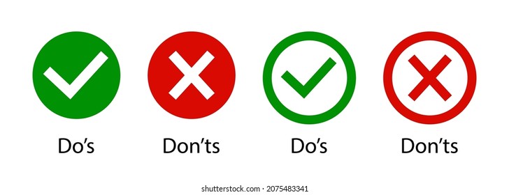 Dos and dont. Do and don. Icon of wrong and right. Tick or cross. Mark of check and correct. Ok, yes-green. X, false-red. Sign of good or bad. List of icon for approved, reject. Logo of quiz. Vector.