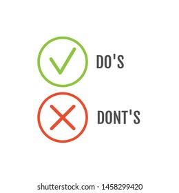 Dos and dont good and bad icon check. Negative positive list, true wrong like anf fail logo.