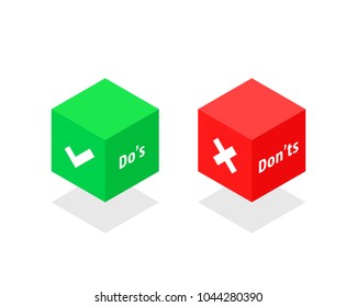 dos and dont like isometric cube. flat 3d style trend modern set mobile app logotype graphic website design isolated on white background. concept of approve or reject and simple test poll for web