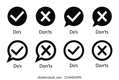 Dos and dont. Tick or cross for do or don. Outline icon of wrong and right. Mark of check and correct isolated. Sign of good or bad. List of icon for approved, reject. Logo of quiz. Vector.