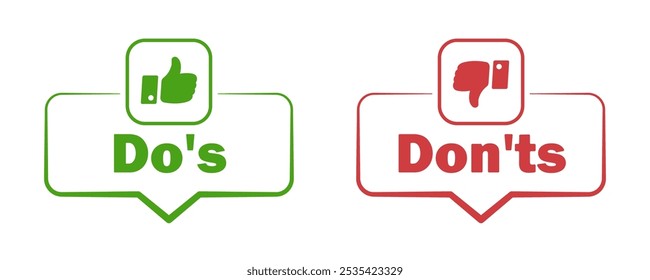 Do's and don'ts bubbles for guidelines with thumbs up and down symbols. Flat style vector illustration in red and green, representing good and bad, right and wrong, or positive and negative