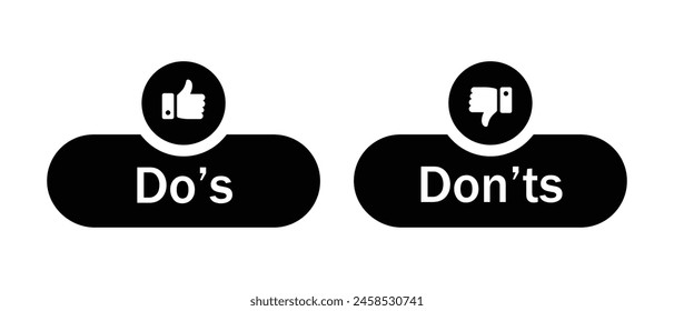 Botón Do's and don't con los símbolos like y dislike en color negro. Botones Do y Don con pulgares arriba y pulgares abajo. Icono de casilla de verificación con pulgares arriba y abajo. Vector