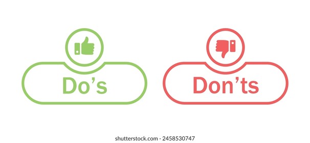 Do's and don'ts button icon with like and dislike symbol in green and red color stroke style. Do's and Don'ts buttons with thumbs up and thumbs down symbol. Check box icon with thumbs up and down sign