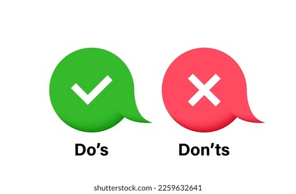 Do's and don'ts button label with check mark and cross mark on 3d messages bubble. Design concept for web and mobile apps. Yes or no buttons. Vector Illustation.