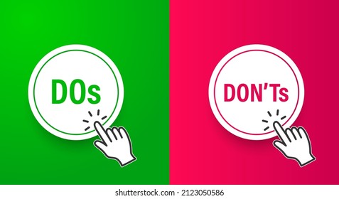 Dos and donts button. Sign post indicating Do's vs Don'ts. Concept of poor or good test result or performance review.