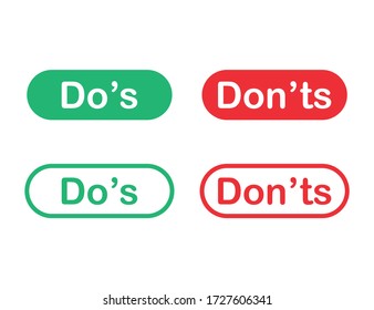 Dos and donts buttons in flat design with red and green colors. Yes or no answer. Illustration of positive and negative choice. Correct or incorrect symbol. Good or bad concept. Wrong result.