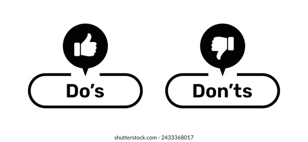 Do's und Don'ts-Knöpfe mit ähnlichen und nicht wie-Symbole schwarze Farbe. Do's und Don'ts Knöpfe mit Daumen hoch und Daumen runter Symbole. Kontrollkästchen-Symbol mit den Daumen nach oben und unten Zeichen mit do und don't Schaltflächen