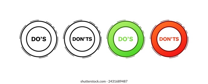 Dos, Don'ts circle icons. Abstract round Dos and Don'ts buttons. Flat style. Vector icons