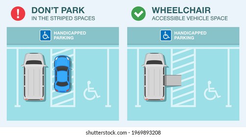 Do's and don'ts. Don't park in the striped spaces parking rule. Correct and wrong parking. Keep clear wheelchair accessible vehicle space. Flat vector illustration template.