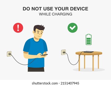 No lo hagas y no lo hagas. Normas y consejos de seguridad eléctrica. No use su teléfono mientras carga. Personaje joven mirando el teléfono móvil. Carga telefónica sobre una mesa. Plantilla de ilustración vectorial plana.