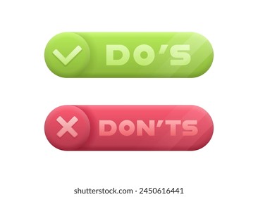 Do's and don'ts geometric badge in 3d style with check and cross mark on circle and glowing effect. Vector illustration.