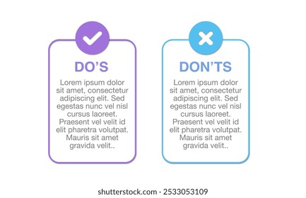 Do's and Don'ts, Gut, Schlecht, Positiv, Negativ, Vergleichsgeschäft. Pastellfarben-Infografik-Entwurfsvorlage.