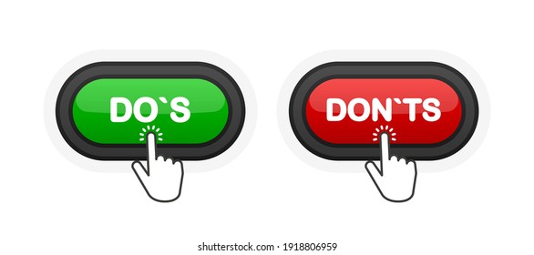 Dos or Donts green or red realistic 3D button isolated on white background. Hand clicked. Vector illustration.