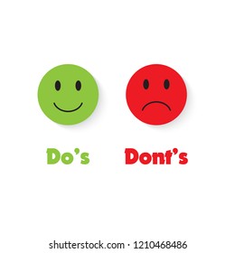 Do's and Don'ts with green and red smile. Sign post indicating Do's vs Don'ts. Vector illustration