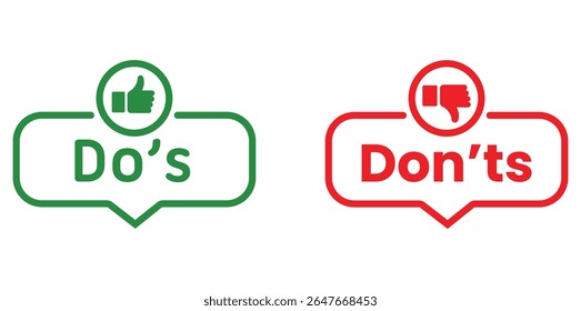 Ícone Fazer e não fazer. Para fazer e não fazer símbolo para diretrizes e lista de regras.Dos e donts como polegares para cima ou para baixo. Gosta ou não do sinal de dedo indicador. Sinal de polegar para cima e polegar para baixo - vetor de ações