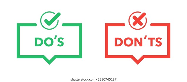 Do's and don'ts icon in flat style. Do and do not red and green icon. Good and bad icons positive and negative symbols. Green check mark and red cross icon. Vector illustration