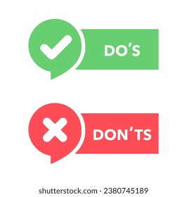Do's and don'ts icon in flat style. Do and do not red and green icon. Good and bad icons positive and negative symbols. Green check mark and red cross icon. Vector illustration
