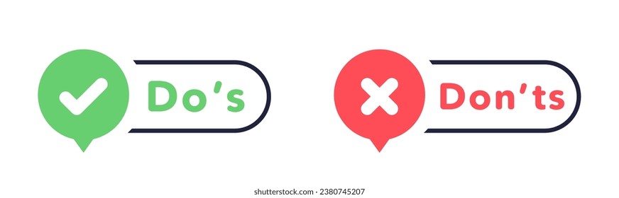 Do's and don'ts icon in flat style. Do and do not red and green icon. Good and bad icons positive and negative symbols. Green check mark and red cross icon. Vector illustration