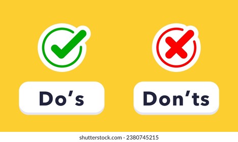 Do's and don'ts icon in flat style. Do and do not red and green icon. Good and bad icons positive and negative symbols. Green check mark and red cross icon. Vector illustration