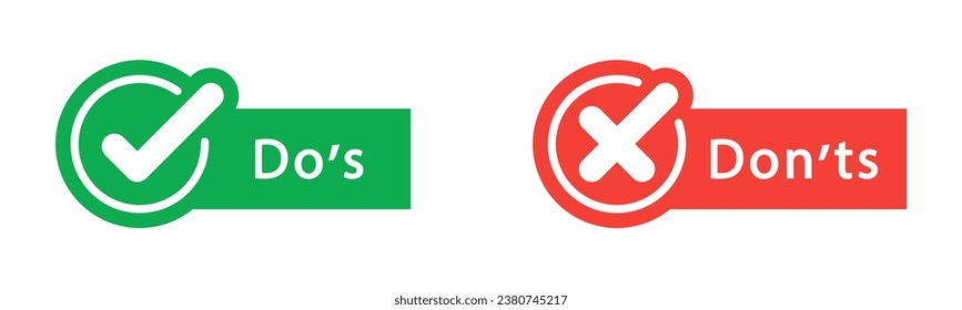 Do's and don'ts icon in flat style. Do and do not red and green icon. Good and bad icons positive and negative symbols. Green check mark and red cross icon. Vector illustration