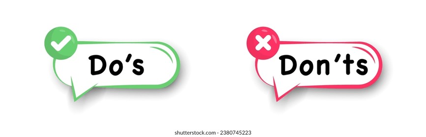 Do's and don'ts icon in flat style. Do and do not red and green icon. Good and bad icons positive and negative symbols. Green check mark and red cross icon. Vector illustration