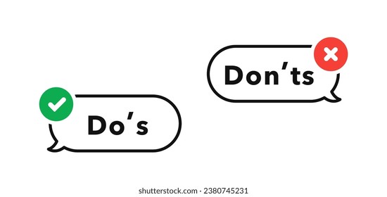 Do's and don'ts icon in flat style. Do and do not red and green icon. Good and bad icons positive and negative symbols. Green check mark and red cross icon. Vector illustration