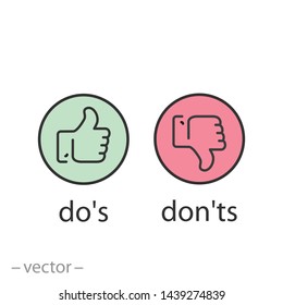 do's and don'ts icon, Like, unlike, yes, no, line symbols on whit...