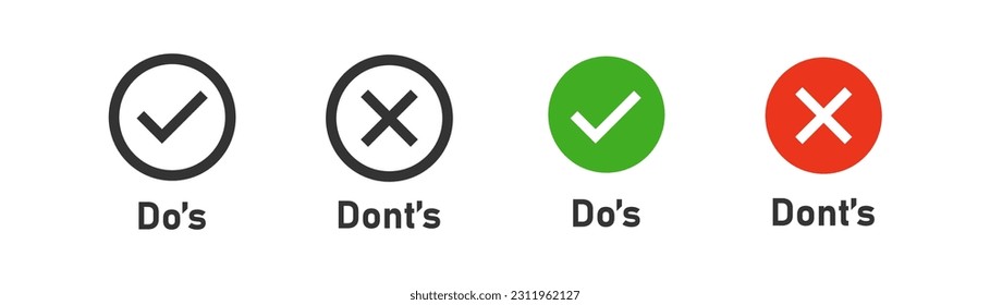 Do's and dont's icon on light background. Positive, negative symbol. Instruction, work, green chek mark, red cross. Outline, flat and colored style. Flat design. Vector illustration.