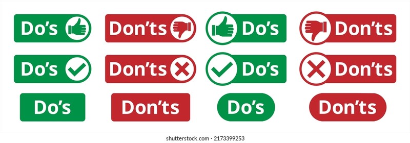 Do's and don'ts icon set. To do and not to do icons. Recommended or not recommended symbol. Vector stock illustration. Tag or label for choice button of advice info graphic.