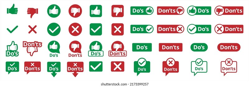 Do's and don'ts icon set. To do and not to do icons. Recommended or not recommended symbol. Assorted symbol of thumb up down. Positive negative signs. Vector stock illustration.