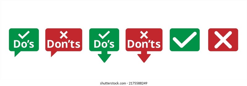 Do's and don'ts icon set. To do and not to do icons. Recommended or not recommended symbol. Vector stock illustration. Tag or label for choice button of advice info graphic with pointed down arrow.