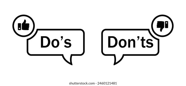 Do's and don'ts icon with thumbs up and thumbs down symbol in stroke style. Do's and don'ts button icon with like and dislike symbol in black color. Yes and no vector.