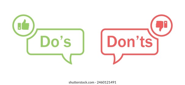 Icono de hacer y no hacer con pulgares hacia arriba y pulgares hacia abajo en estilo de trazo. Botón Do's and don't con los símbolos like y dislike en colores. Sí y sin Vector.