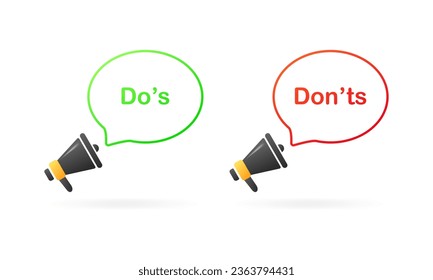 Do's and don'ts icons. Flat, color, megaphone icons, do's and don'ts. Vector icons