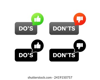 Do's and don'ts icons. Like and dislike. Vector icons