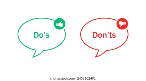 Dos and donts icons line speech bubble; like thumbs up icon or thumb down label banner. Like or dislike icon - do's and don'ts frames - true or false - Dos and dont signs	
