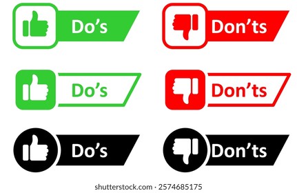 Dos and donts icons line speech bubble; like thumbs up icon or thumb down label banner.