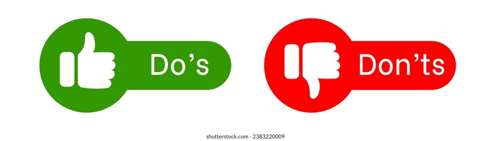 Do's and don'ts icons. Thumb up and thumb down. Like and dislike buttons. Positive and negative opinion. Red and green banner