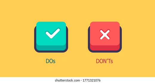 Do's and Don'ts information vector signs. Red and green customer complaint logotypes isolated on yellow background. Bad vs good buttons