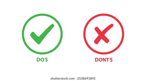 Dos and Don'ts label sticker green check mark yes and red cross no icon Vector illustration on white background. 
 checkmark vector, cross vector, right and wrong.