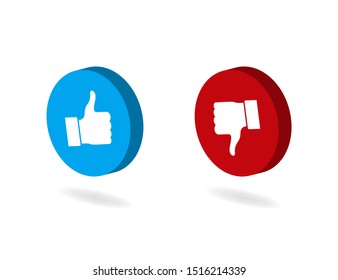 Dos and donts like thumbs up isometric button.Blue like or red dislike thumb up icon.Isometric like button for social media, mobile app, website. vector illustration