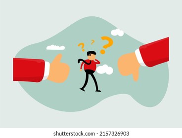 Do's and don'ts list, advice or rules that make a business successful, things to do, solutions or to avoid mistakes and error concept, smart entrepreneur confused by thumbs up and thumbs down sign