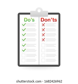 Do's and Don'ts list on paper. Vector illustration isolated on white background.