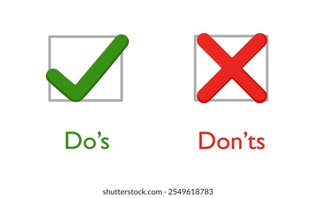 dos and donts marks simple square in flat  design on white background. Concept of checklist symbol for recommendations and review or evaluate.