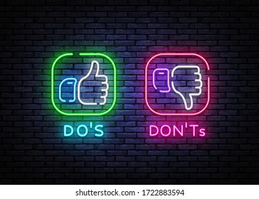 Dos Donts neon signs vector design template. Yes or No neon light banner design element colorful modern design trend, night bright advertising, bright sign. Vector illustration.