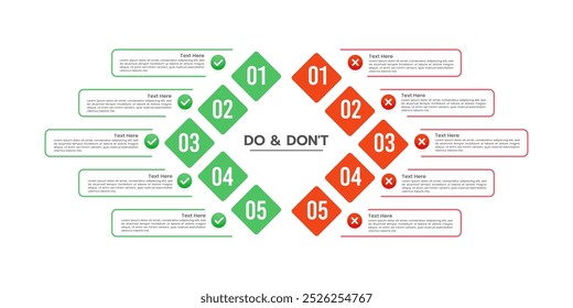 Do's and Don'ts oder Pros and Cons. Infografik Pfeildesign. Infografische Vergleichstabelle. Geschäftspräsentation, VS, Versus, Vergleich. Vektorgrafik.