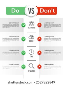 Do's and Don'ts oder Pros and Cons. Infografische Vergleichstabelle. Business-Präsentation, Banner, Poster, VS, Versus und Vergleich. Vektorgrafik.