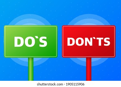 Dos or Donts realistic red and green table on blue background. Vector illustration.